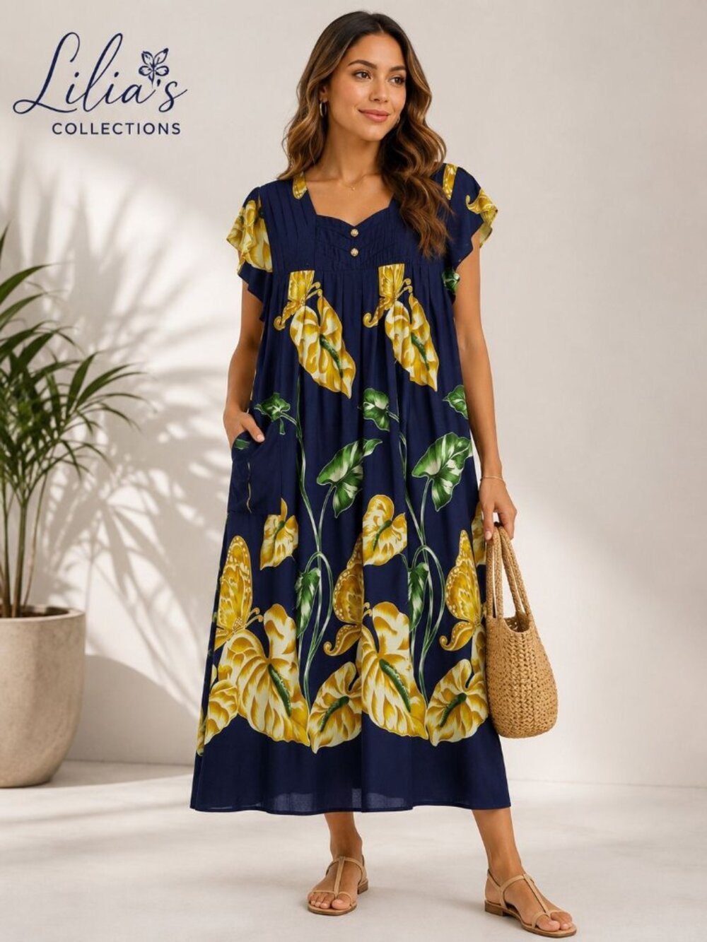 Lilias Women's Navy Tropical Floral Butterfly Midi Dress w/Pockets Large